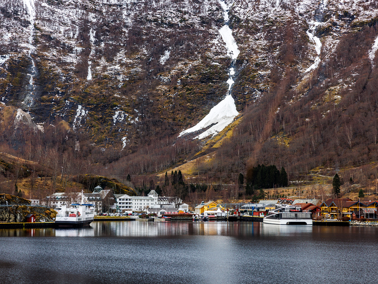 The village Flåm by the fjord in Aurland